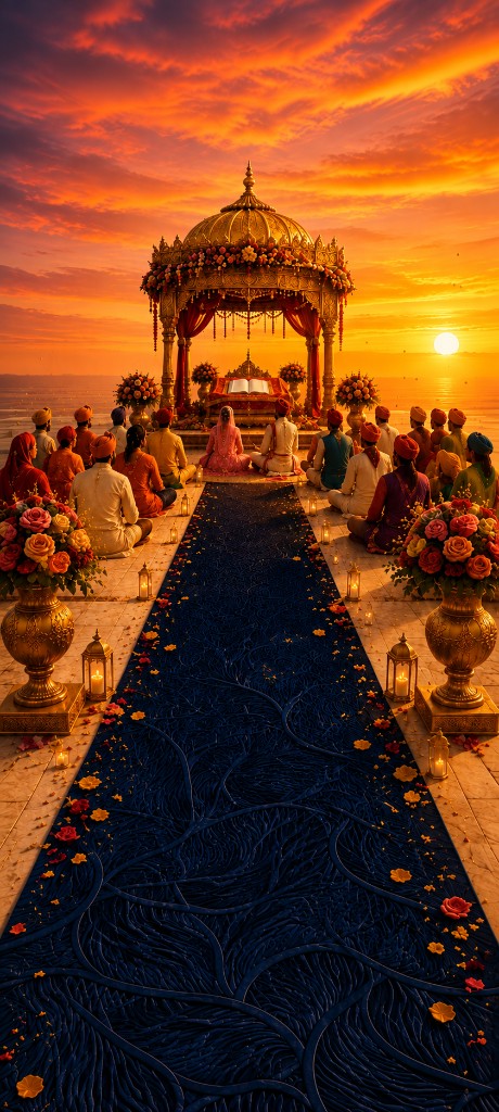 Anand Karaj under a golden canopy at sunset