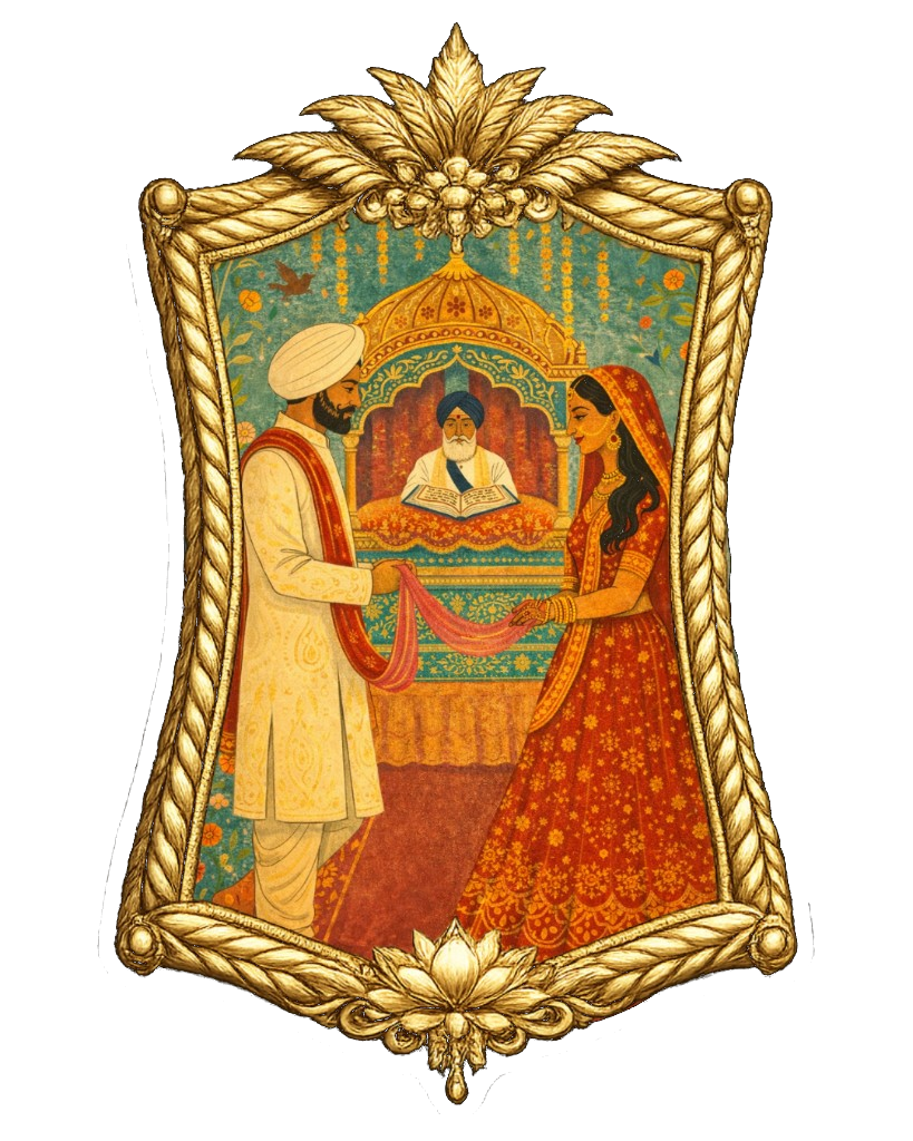 Illustrated Anand Karaj in a gold frame