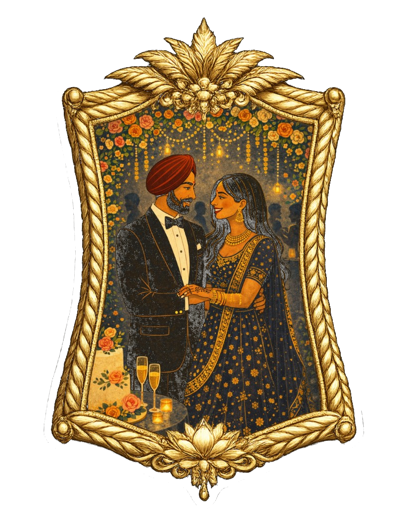 Illustrated reception in a gold frame
